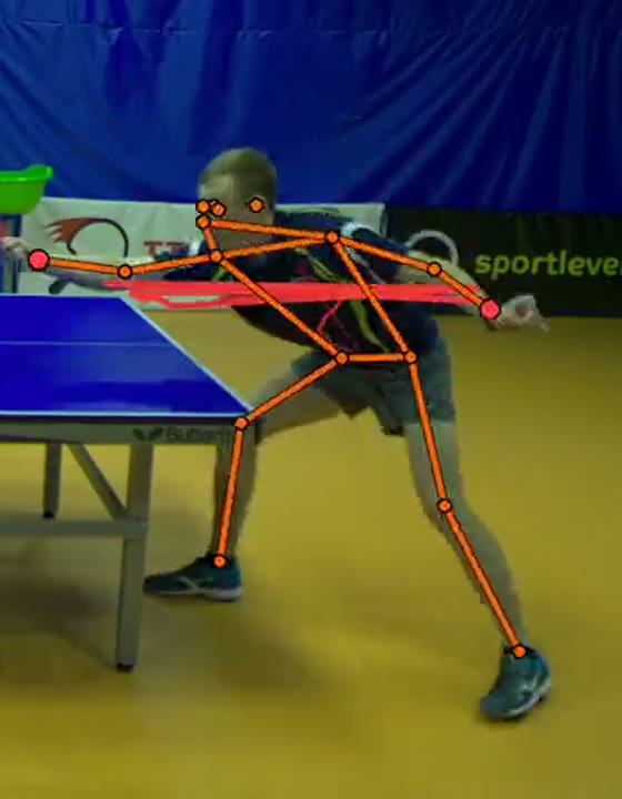 One player mid-stroke with a skeleton drawn over them, joints marked at the shoulders, elbows, wrists, hips, knees and ankles.
